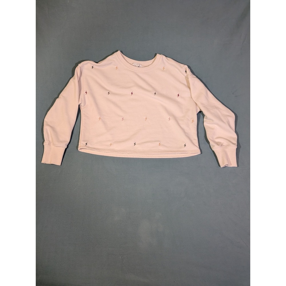 Z Supply Womens XS Cream Lightning Bolt Embroidered Cropped Sweatshirt Pullover